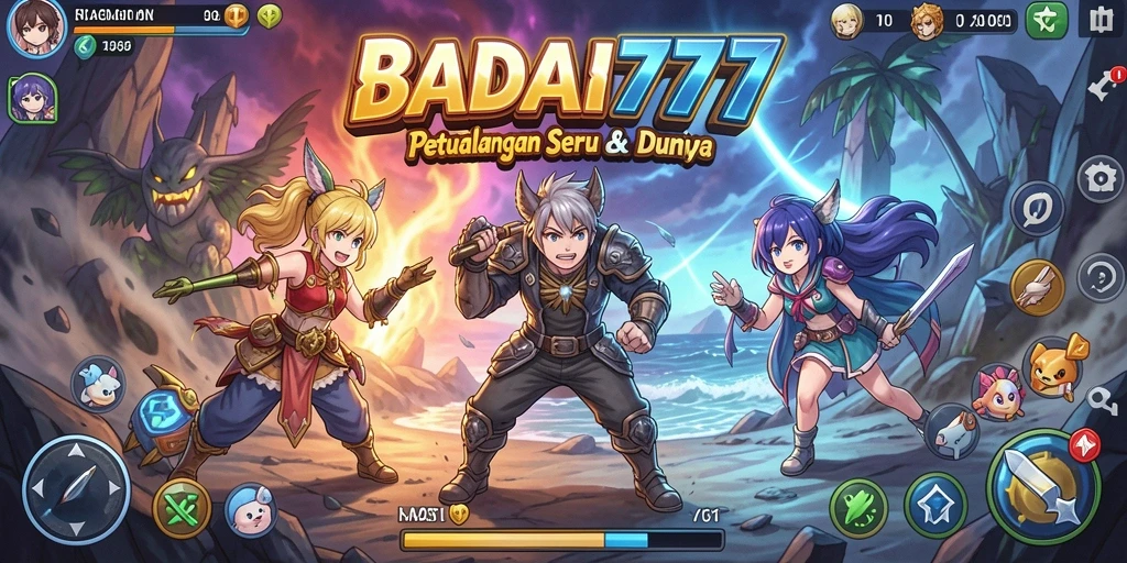 Tampilan gameplay BADAI777 yang memperlihatkan pertarungan karakter Anime yang seru.