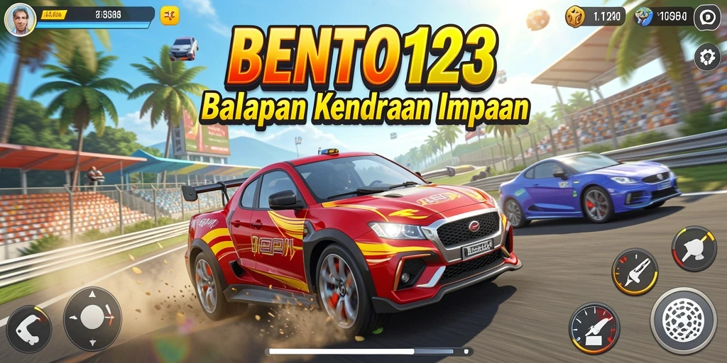 Tangkapan layar gameplay BENTO123 menampilkan mobil balap di trek menantang.