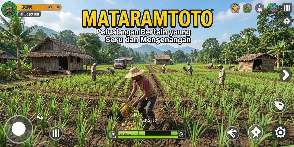 Tampilan gameplay MataramToto dengan ladang yang subur dan aktivitas bertani.