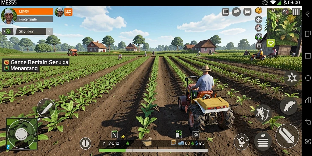 Tampilan gameplay yang menarik dari ME355 saat mengelola pertanian.