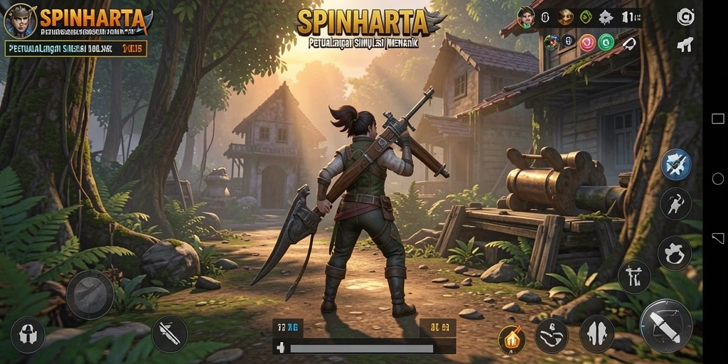 Tampilan gameplay SPINHARTA menampilkan manajemen dalam simulasi yang strategis.