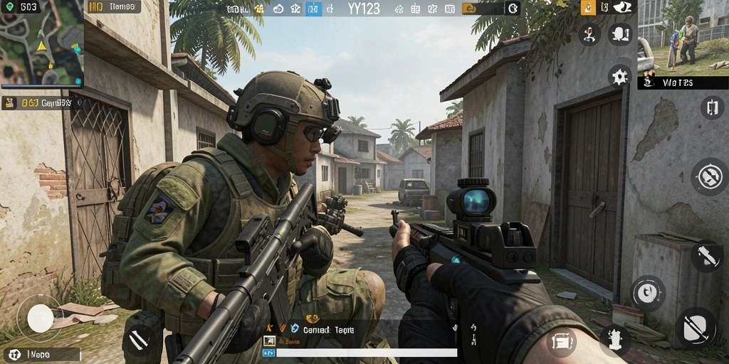 Tangkapan layar gameplay YY123 menunjukkan aksi pertarungan FPS yang mendebarkan.